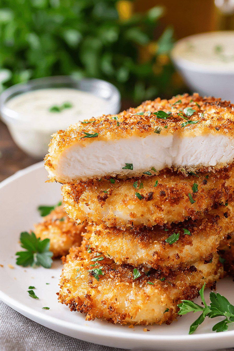 Juicy ranch-seasoned air fryer chicken breast sliced open on a plate with crispy golden crust and parsley garnish