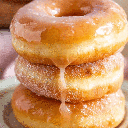 Stack of air fryer donuts with vanilla glaze dripping on a ceramic plate in soft natural light