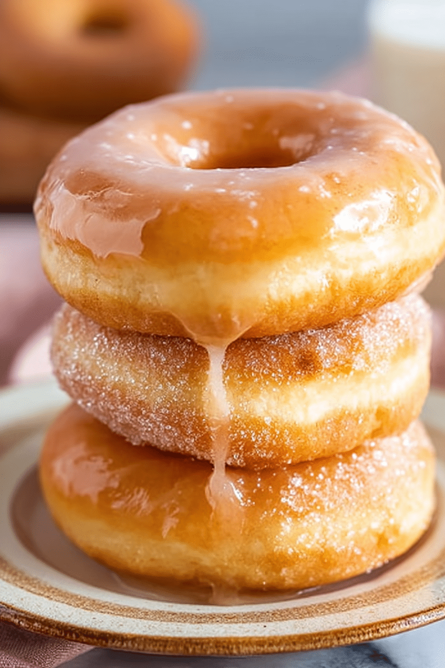 Stack of air fryer donuts with vanilla glaze dripping on a ceramic plate in soft natural light