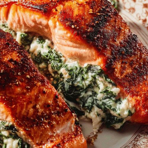 Air fryer stuffed salmon with golden crust and creamy spinach cheese filling on patterned plate