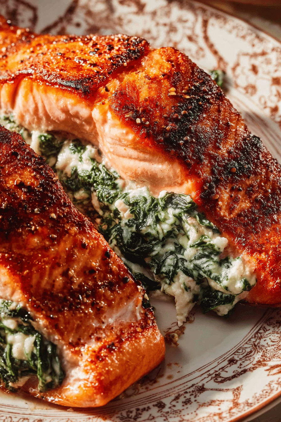 Air fryer stuffed salmon with golden crust and creamy spinach cheese filling on patterned plate