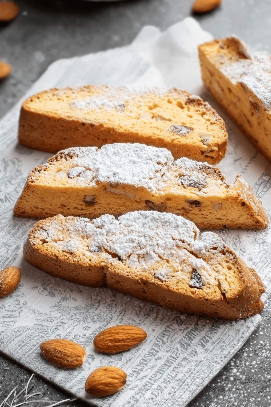 Vertical close-up of air fryer almond biscotti dusted with powdered sugar on linen napkin