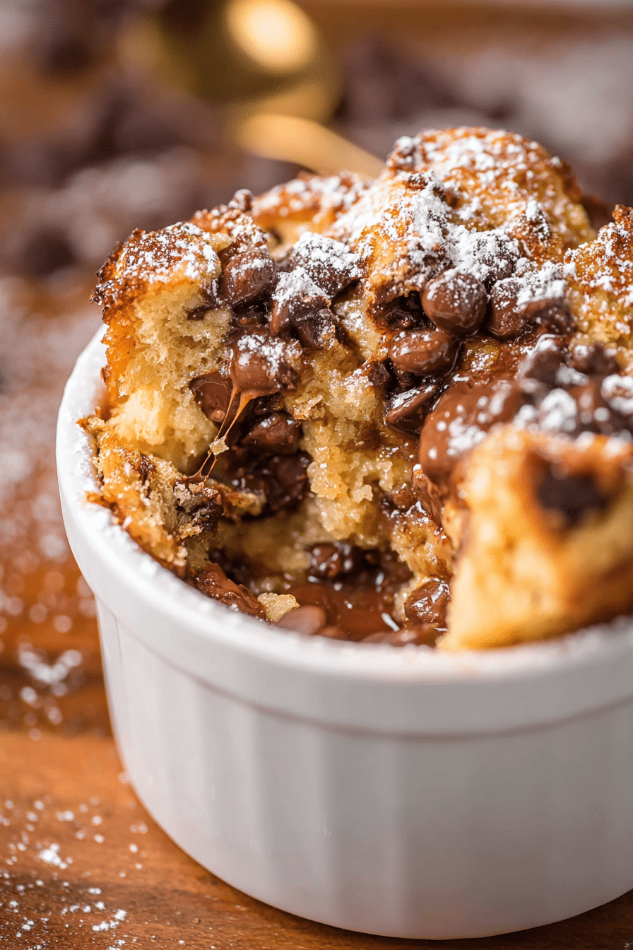 Vertical close-up of gooey air fryer bread pudding with melted chocolate chips in ramekin