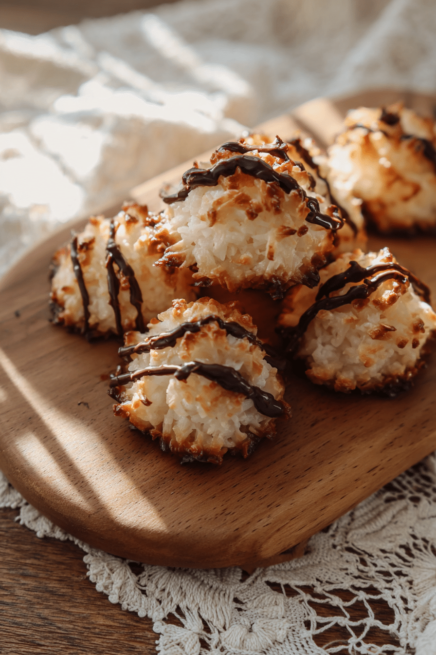 Vertical close-up of toasted coconut macaroons with chocolate drizzle made in air fryer
