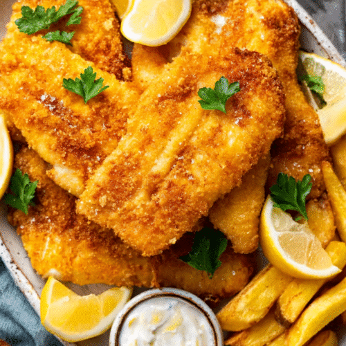 Crispy golden air fryer fish fillets served with lemon slices and parsley on a white plate