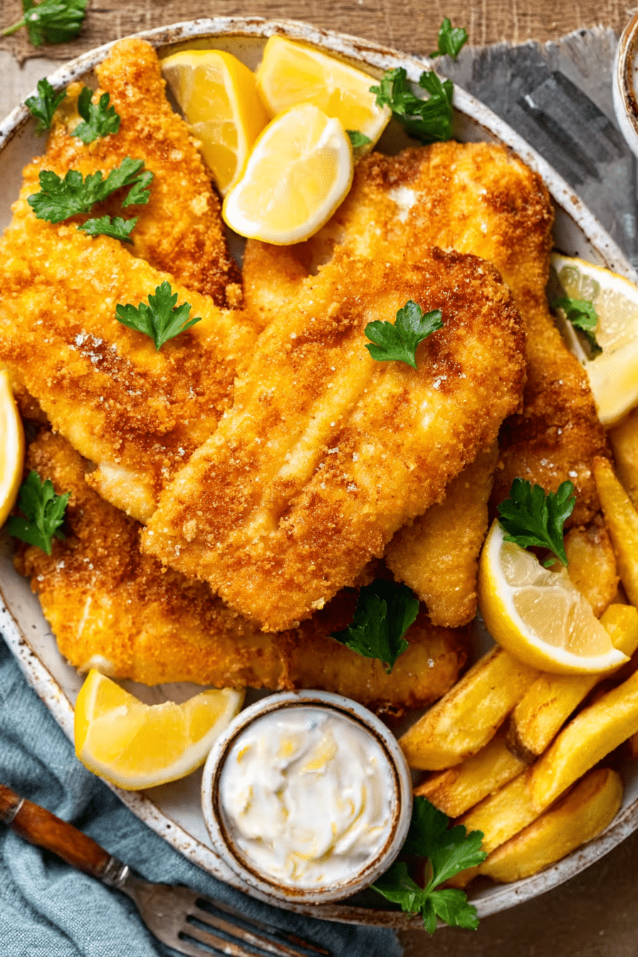 Crispy golden air fryer fish fillets served with lemon slices and parsley on a white plate