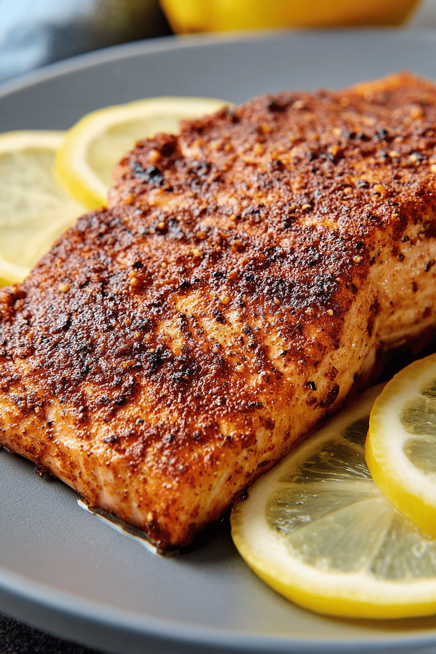 Air fryer blackened salmon with Cajun spice crust served with lemon slices