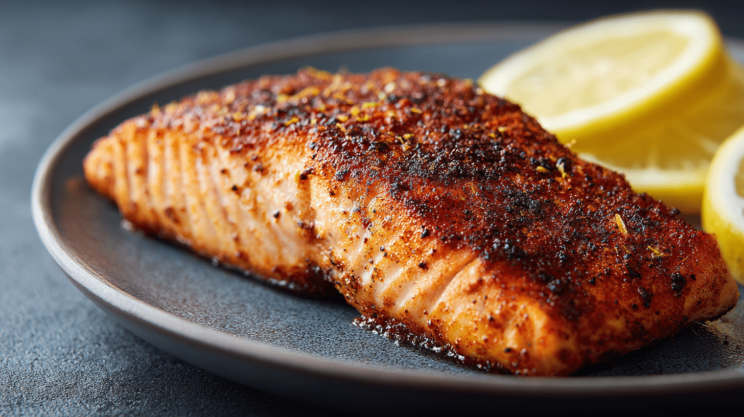 Air fryer blackened salmon fillet with crispy Cajun seasoning and lemon slices