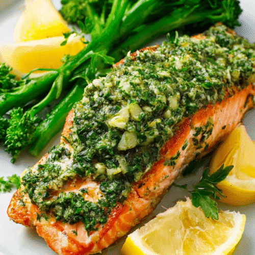 Air fryer salmon fillet topped with fresh green chimichurri sauce, served with steamed broccoli and lemon wedges.
