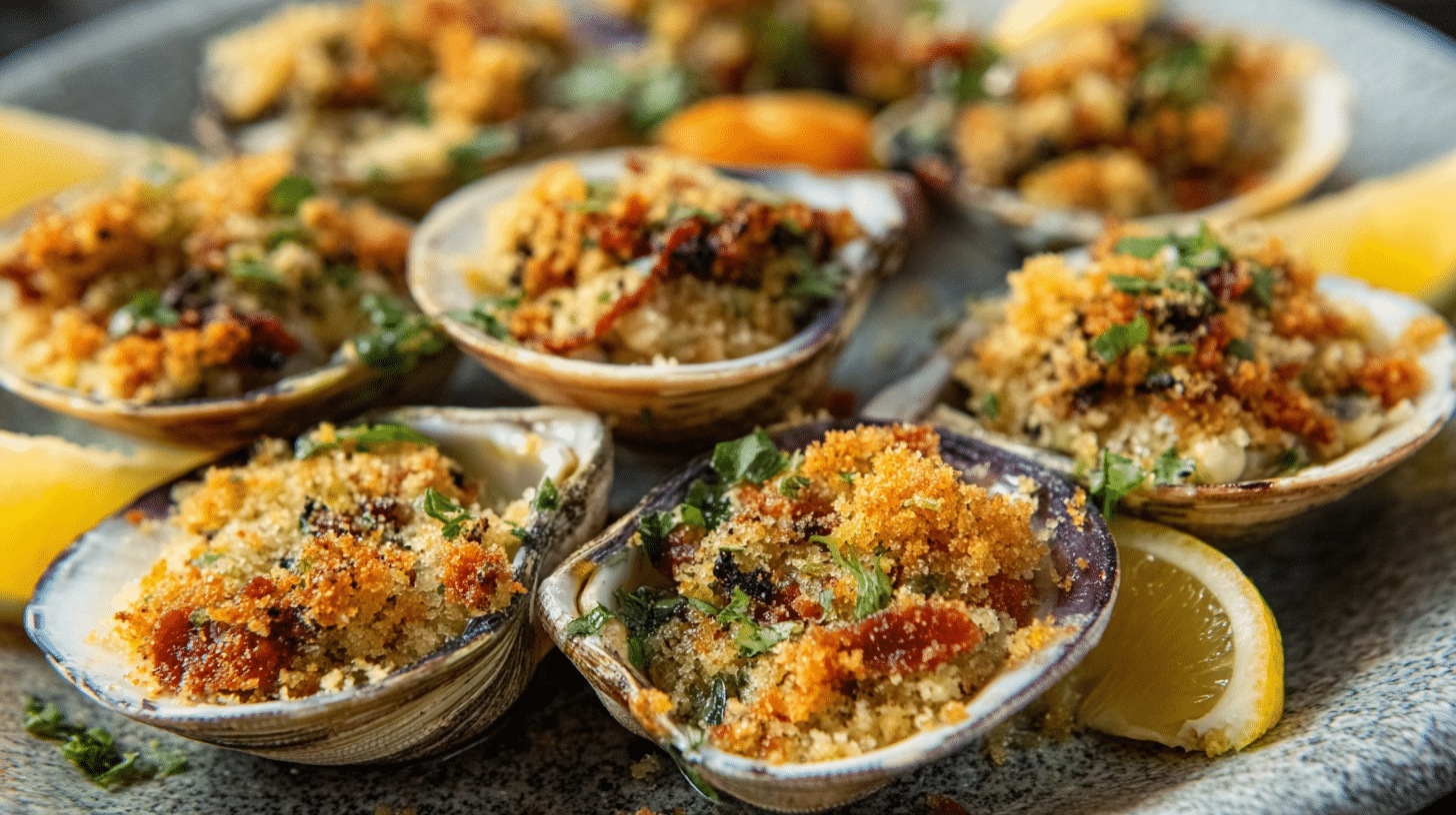 Air fryer clams casino with golden breadcrumbs, bacon, and lemon wedges on stone plate