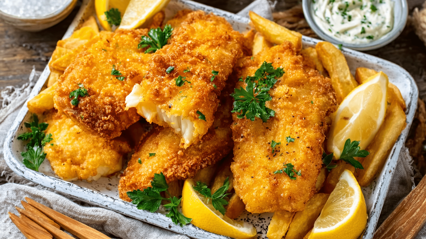 Golden and crispy air fryer battered fish fillets on a platter with fresh lemon slices and parsley