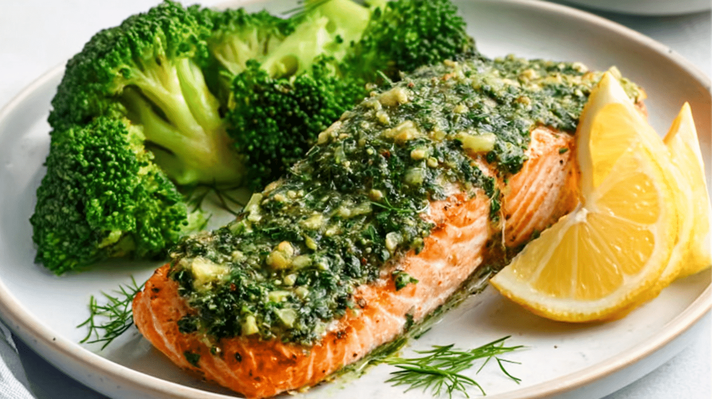 Salmon fillet topped with fresh green chimichurri sauce, paired with bright lemon slices and steamed broccoli.