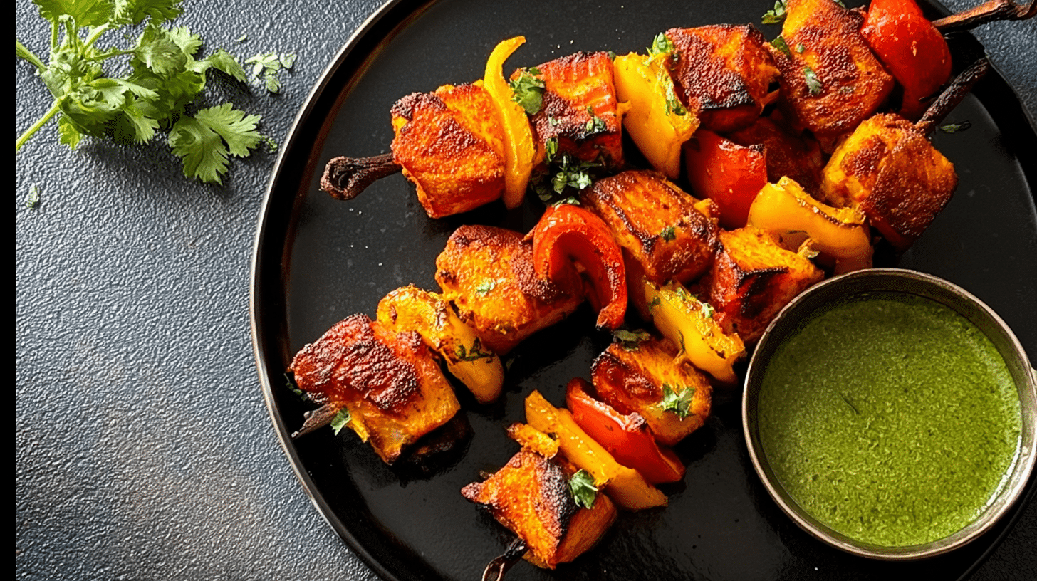 Air fryer fish tikka served with green chutney on a black plate