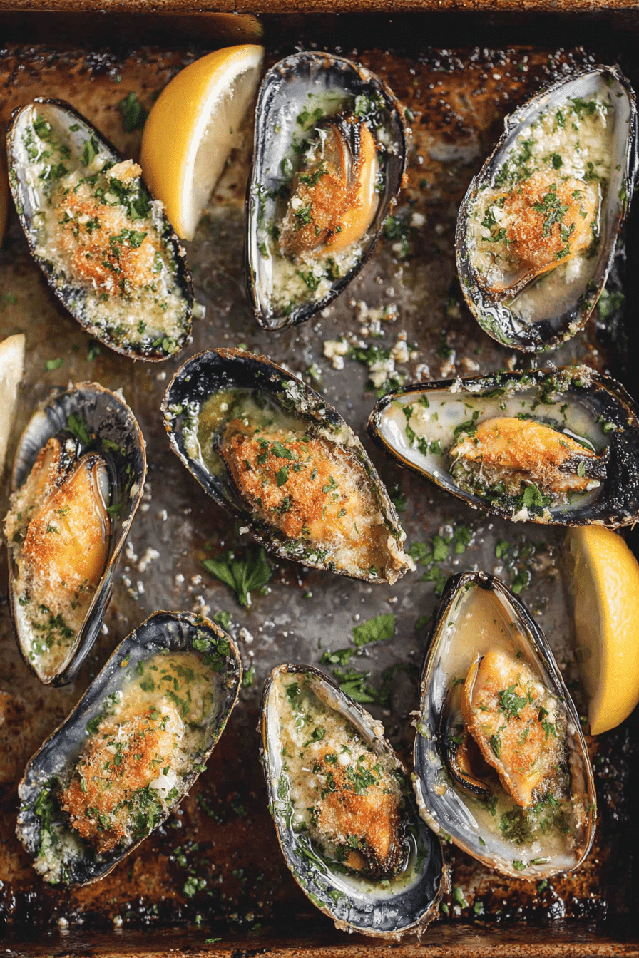 Air fryer garlic butter mussels baked with herbs, breadcrumbs, and lemon wedges