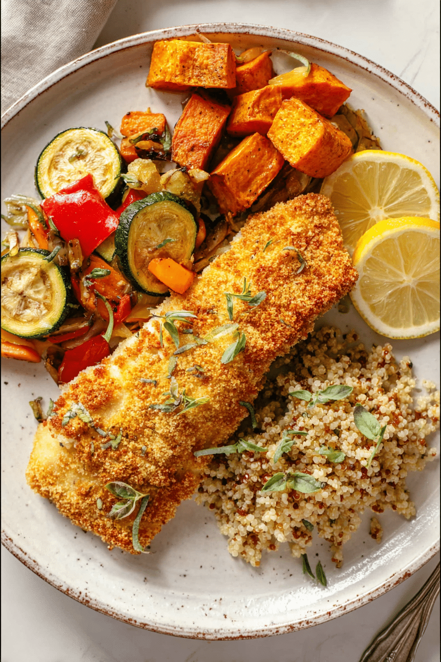 Air fryer gluten-free fish fillet with roasted vegetables, quinoa, and lemon slices on a ceramic plate