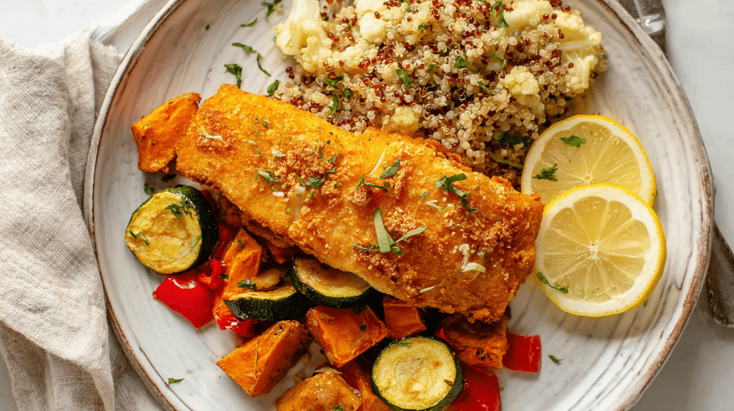 Air fryer gluten-free fish fillet with roasted sweet potatoes, mixed vegetables, and lemon wedges on a plate