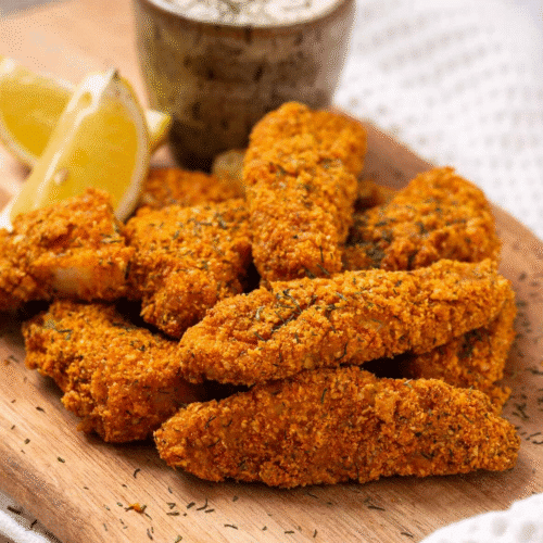 Air fryer keto fish sticks with crispy coating served with creamy dipping sauce and lemon slices on a wooden board