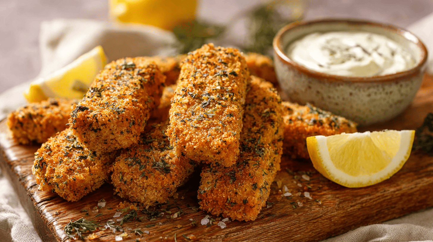 Air fryer keto fish sticks with crispy golden coating served with dipping sauce and lemon wedges on a wooden board
