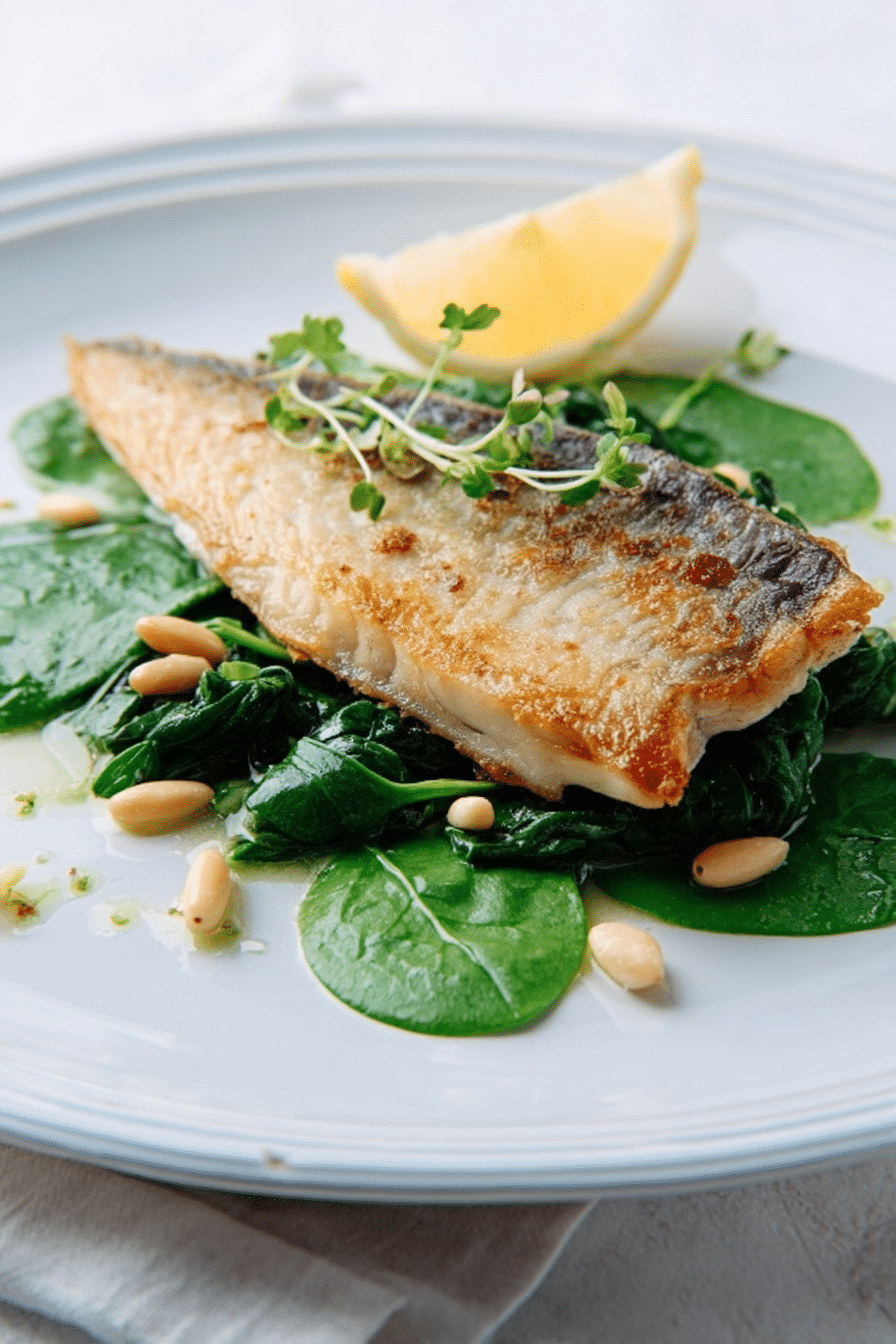 Air fryer mackerel with crispy golden skin served on sautéed spinach and pine nuts with lemon wedge