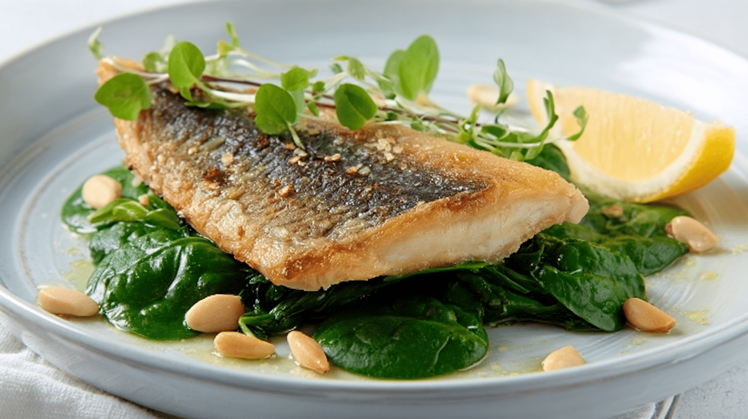 Air fryer mackerel fillet with crispy golden skin served on spinach and pine nuts with lemon garnish