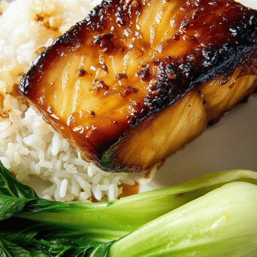 Air fryer miso black cod fillet with rice and bok choy on a white and blue plate