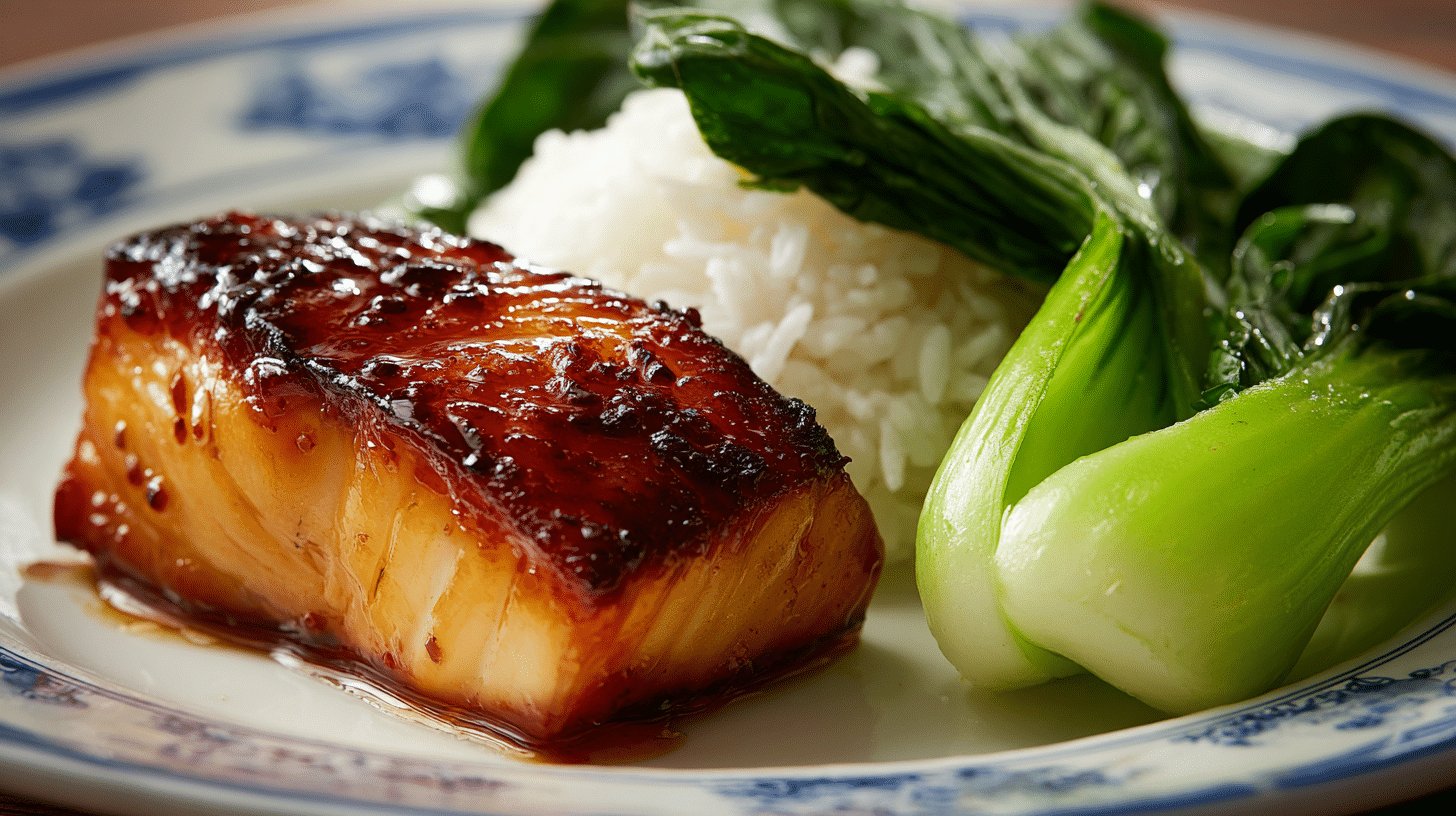 Air fryer miso black cod fillet served with rice and bok choy on a white plate