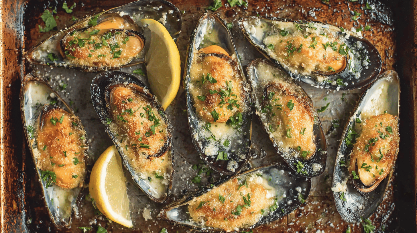 Air fryer mussels baked with garlic butter, herbs, and Parmesan cheese