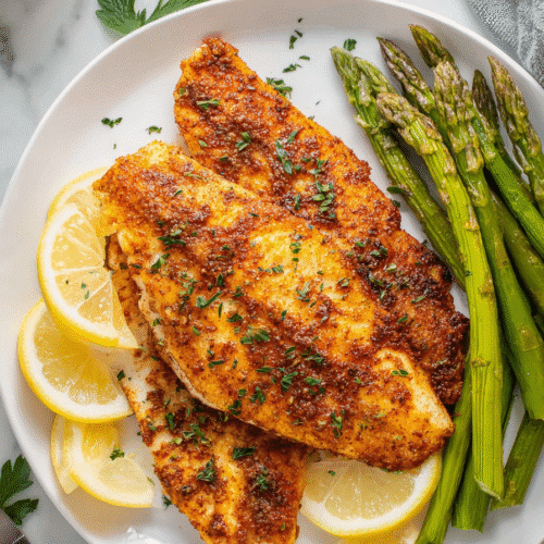 Air fryer orange roughy fillets with golden crust served with asparagus and lemon