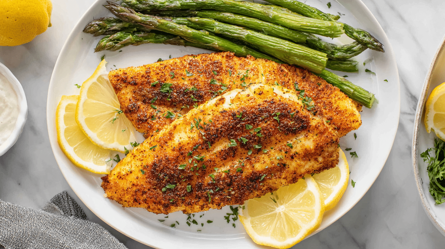 Air fryer orange roughy fillets served with asparagus and lemon slices