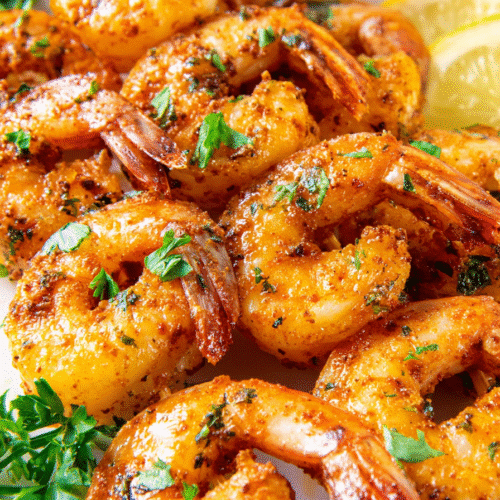 Juicy peri-peri shrimp cooked in an air fryer, golden and spicy, served with lemon wedges and herbs