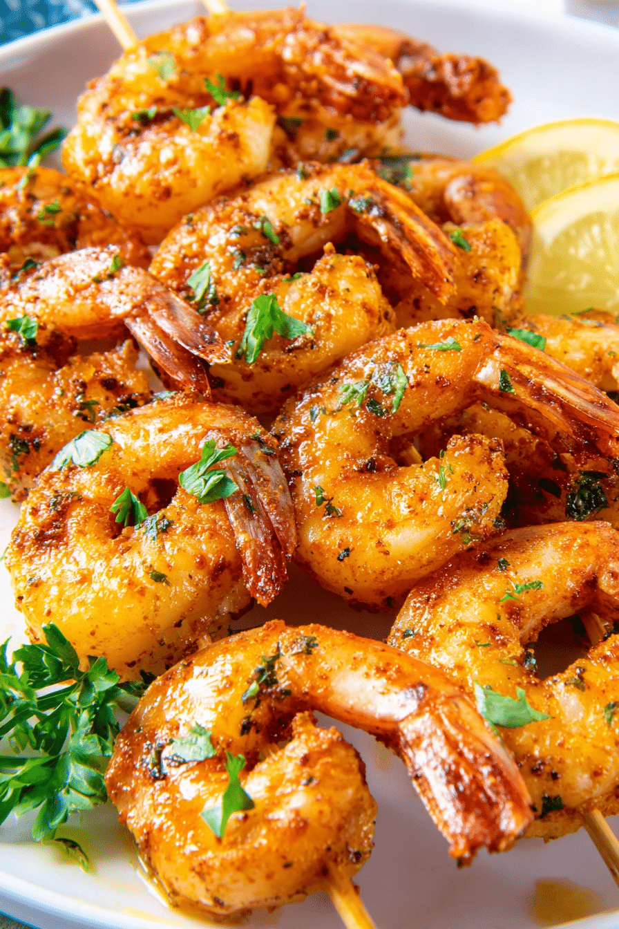 Juicy peri-peri shrimp cooked in an air fryer, golden and spicy, served with lemon wedges and herbs