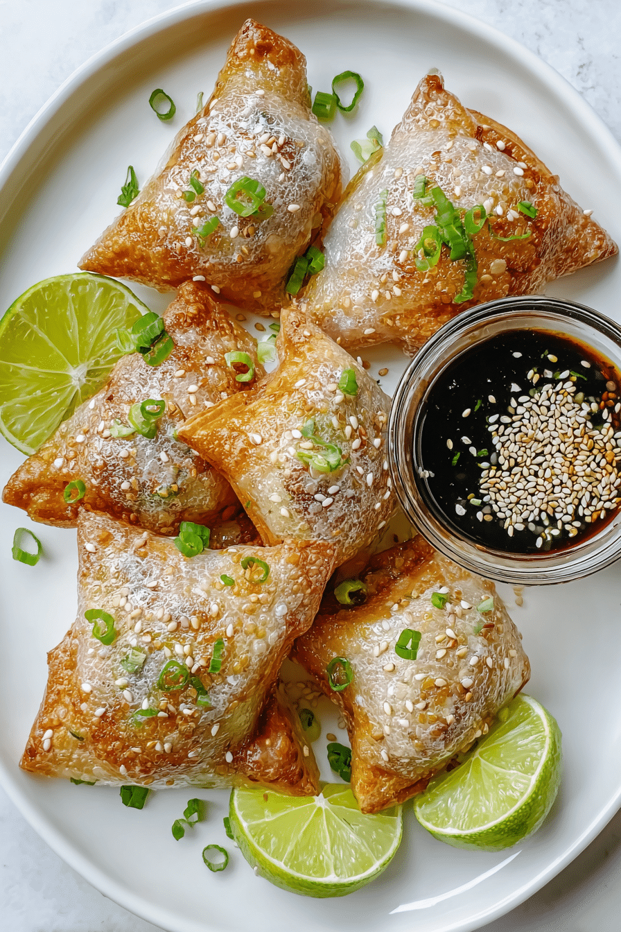 Air fryer salmon rice paper dumplings with sesame dipping sauce and lime wedges