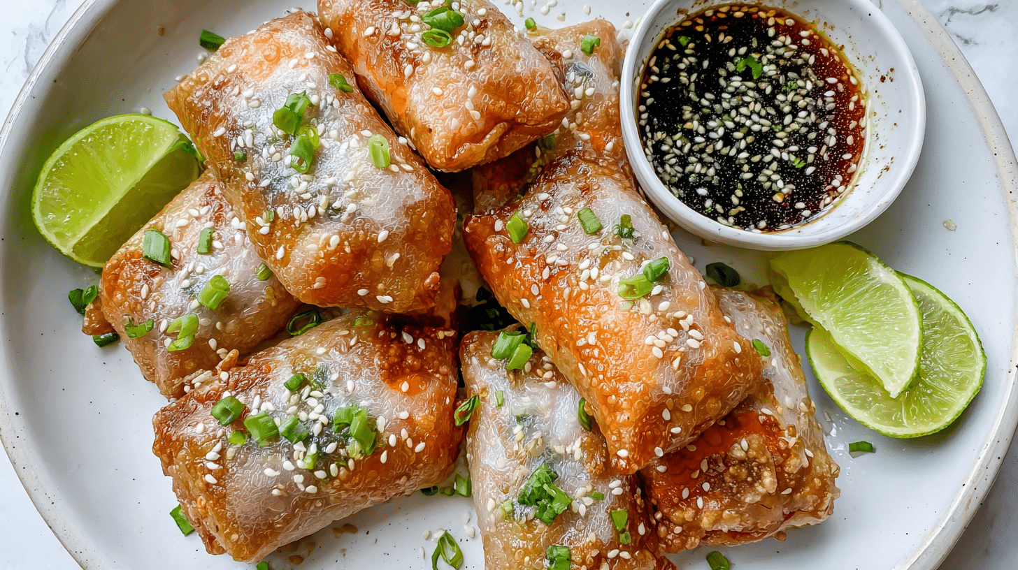 Air fryer salmon rice paper dumplings with sesame dipping sauce and lime wedges