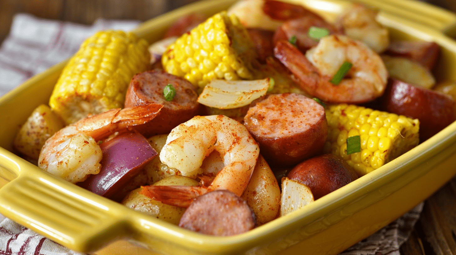 Air fryer shrimp boil with sausage, corn, and potatoes served in a yellow dish