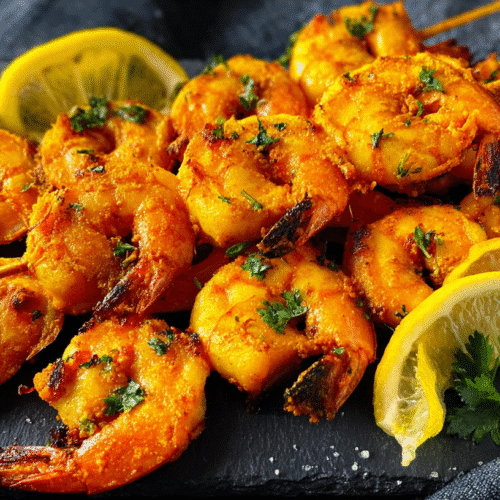 Bright orange tandoori shrimp skewers fresh from the air fryer, garnished with cilantro and lemon slices.