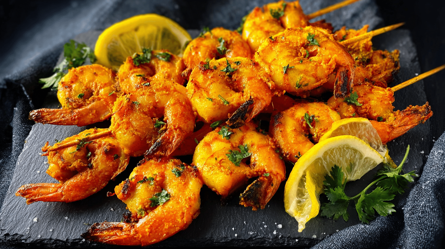 Bright orange tandoori shrimp skewers fresh from the air fryer, garnished with cilantro and lemon slices.