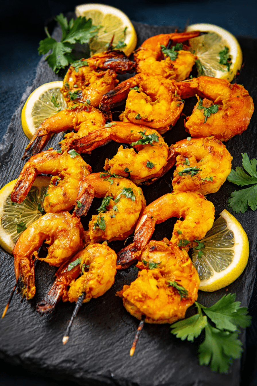 Golden-orange tandoori shrimp skewers cooked in an air fryer, garnished with cilantro and lemon slices on a dark plate.