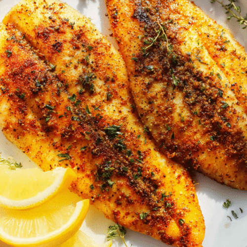 Golden air fryer tilapia fillets without breading, seasoned with herbs and lemon