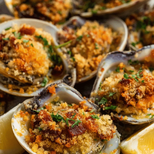 Air fryer clams casino topped with golden breadcrumbs, bacon, and herbs with lemon wedges on a rustic plate