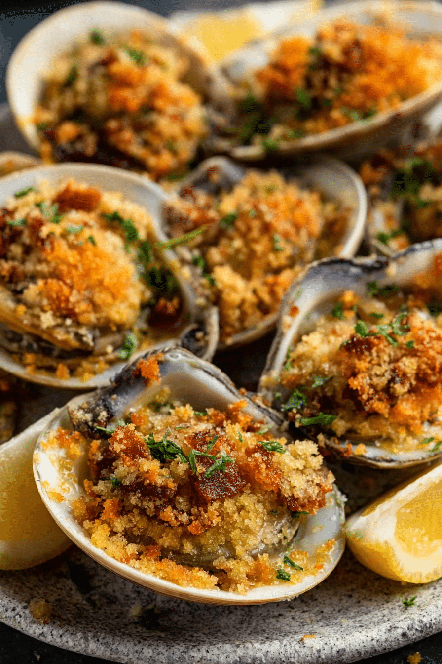 Air fryer clams casino topped with golden breadcrumbs, bacon, and herbs with lemon wedges on a rustic plate