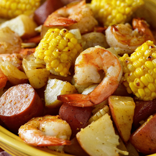 Shrimp boil dinner with sausage, corn, and red potatoes in a yellow bowl