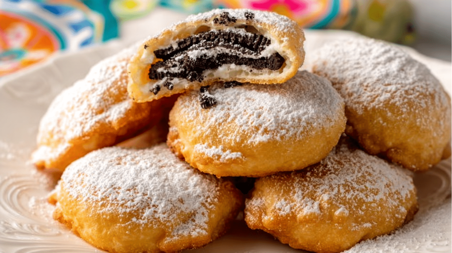 Air fryer fried Oreos dusted with powdered sugar on a plate, with one Oreo pastry broken open to show the filling