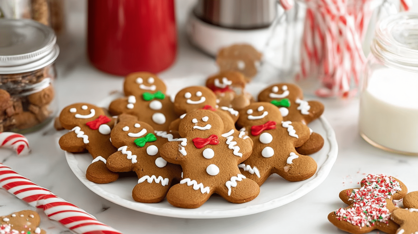 air fryer gingerbread cookies arranged on a white plate with festive icing decorations