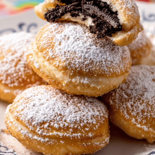 fried Oreos covered in powdered sugar with one pastry split open to show the Oreo filling