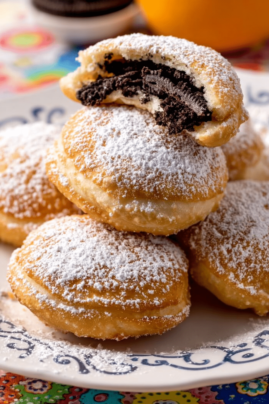 fried Oreos covered in powdered sugar with one pastry split open to show the Oreo filling