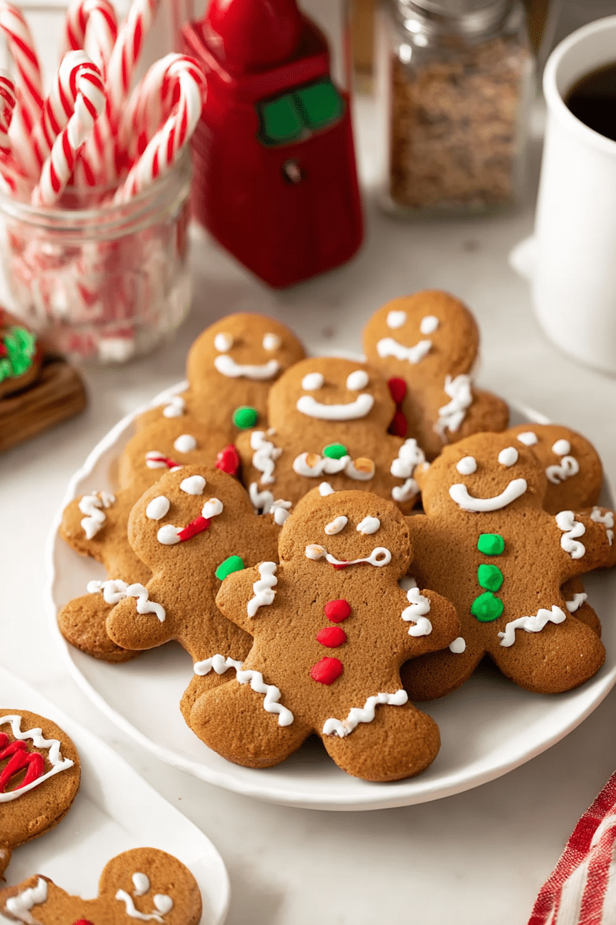 gingerbread cookies decorated with holiday icing on a plate with candy canes nearby