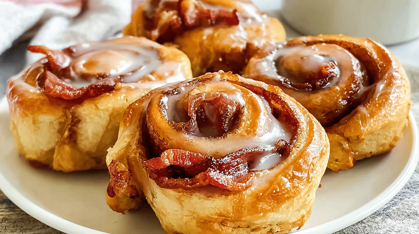 Air fryer bacon cinnamon rolls with golden pastry, melted icing, and crispy bacon spirals
