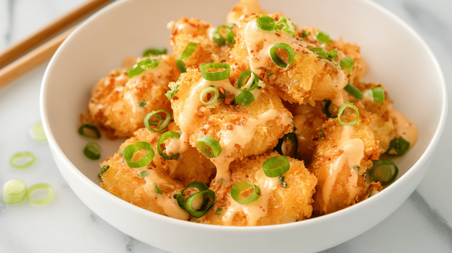 air fryer bang bang shrimp served in a white bowl with spicy sauce and green onion garnish