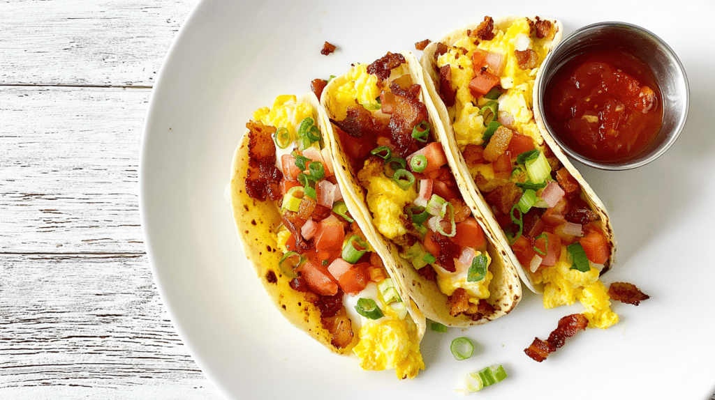 Air Fryer breakfast tacos filled with eggs, cheese, tomatoes, and scallions on a white plate