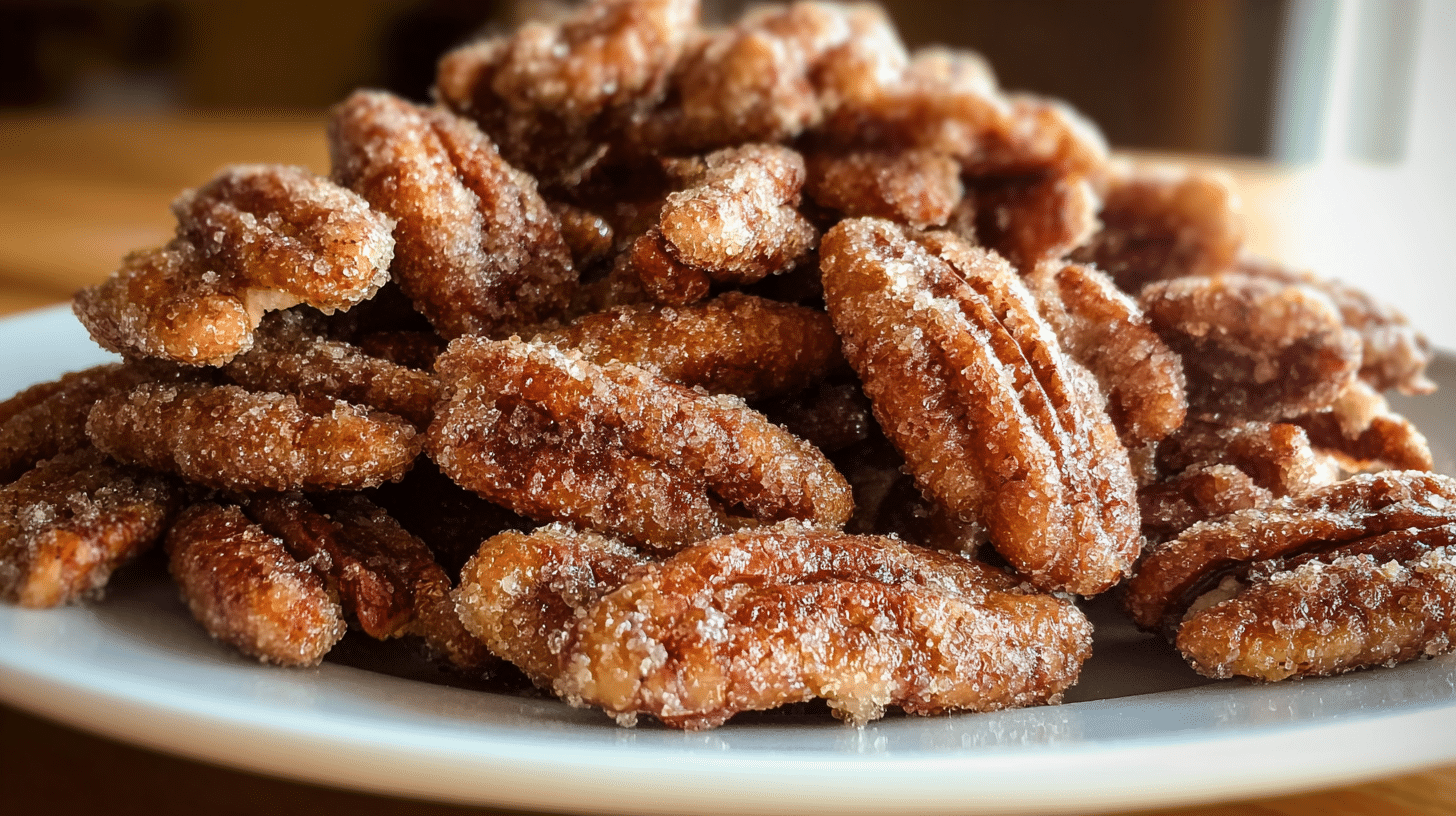 air fryer candied pecans coated in cinnamon sugar glaze on a white plate